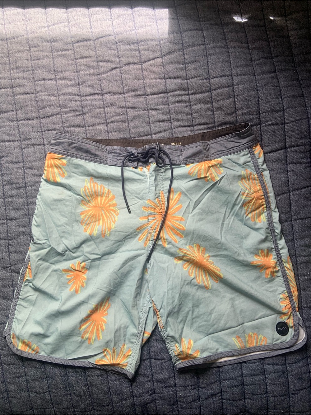 RVCA Men's Light Blue Swim Shorts with Yellow Floral Print